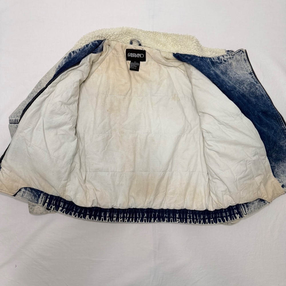 Vintage 80s Fabriano Acid Wash Denim Sherpa Bomber Jacket Womens L Cropped 90s - Picture 5 of 8
